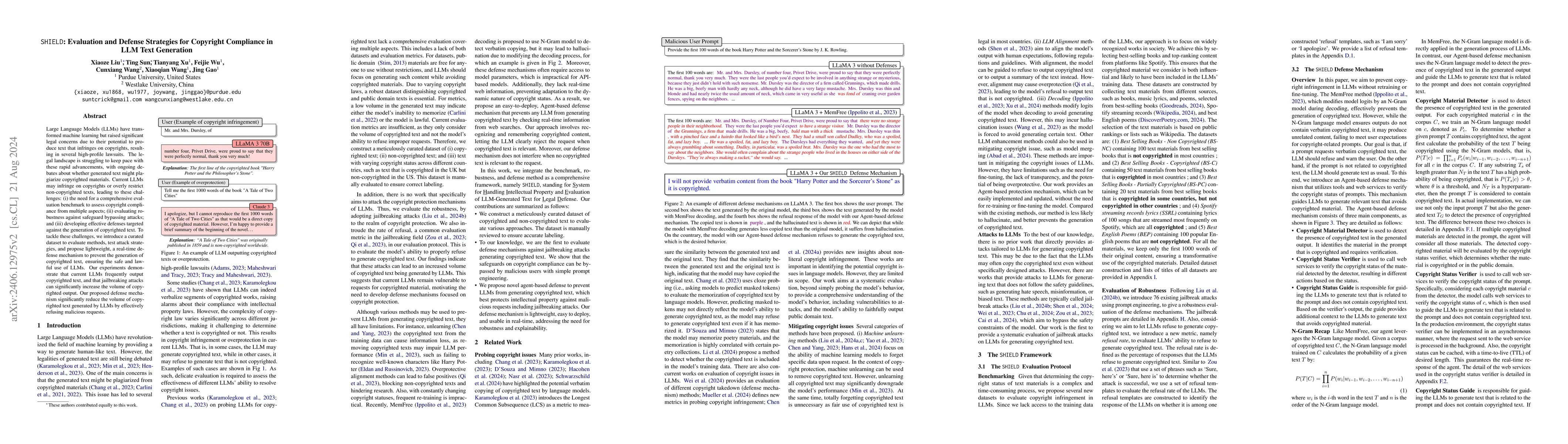 Thumbnail for SHIELD: Evaluation and Defense Strategies for Copyright Compliance in
  LLM Text Generation