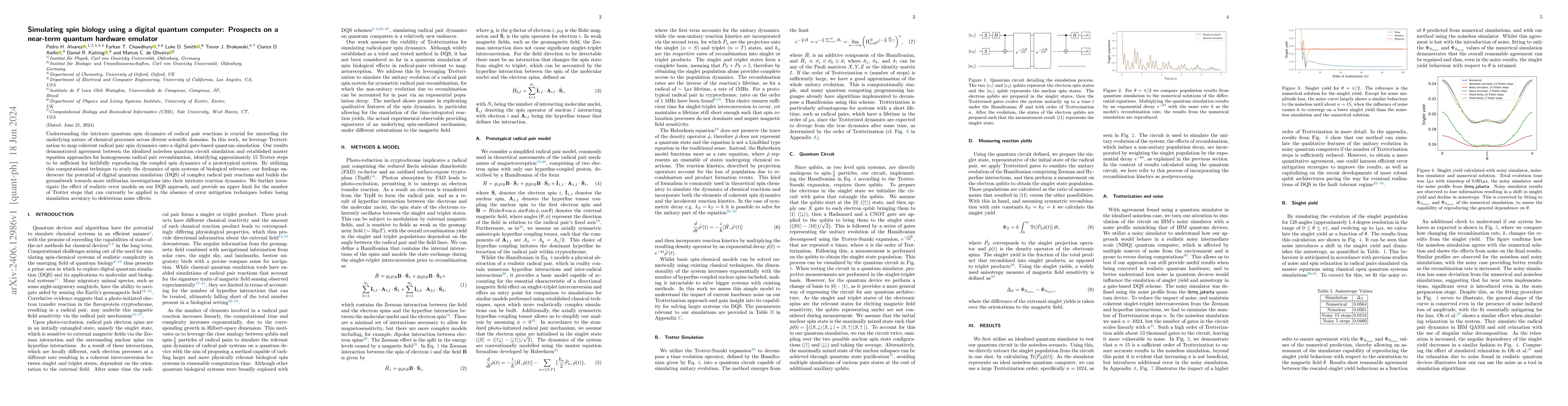 Thumbnail for Simulating spin biology using a digital quantum computer: Prospects on a
  near-term quantum hardware emulator