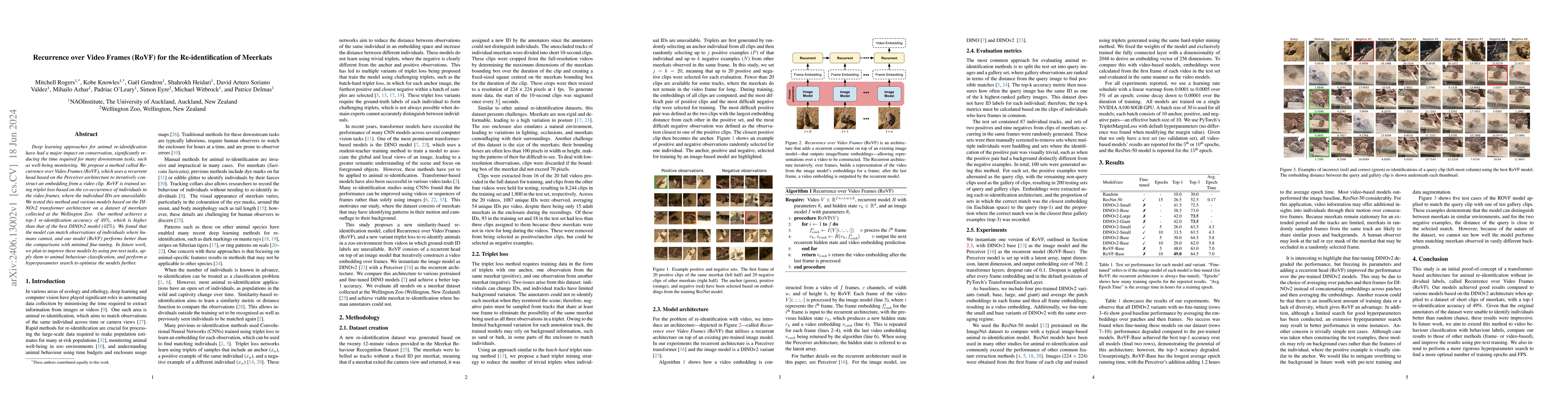 Thumbnail for Recurrence over Video Frames (RoVF) for the Re-identification of
  Meerkats