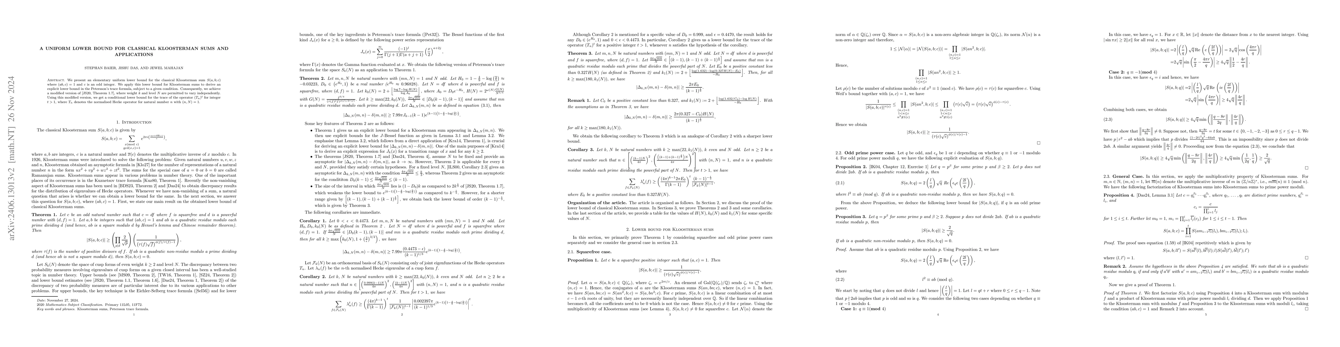 Thumbnail for An uniform lower bound for classical Kloosterman sums and an application