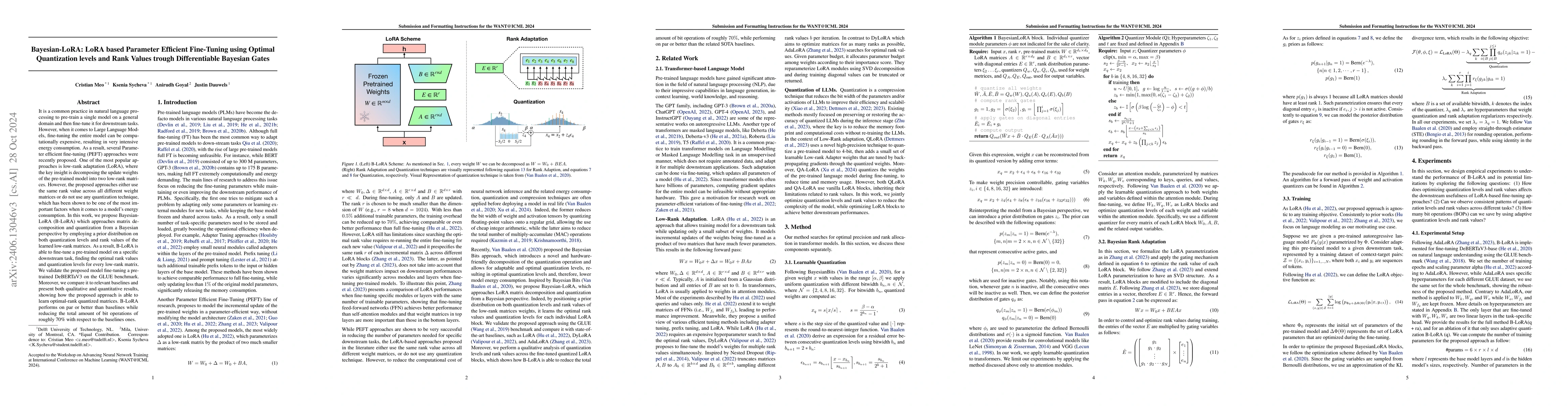 Thumbnail for Bayesian-LoRA: LoRA based Parameter Efficient Fine-Tuning using Optimal
  Quantization levels and Rank Values trough Differentiable Bayesian Gates