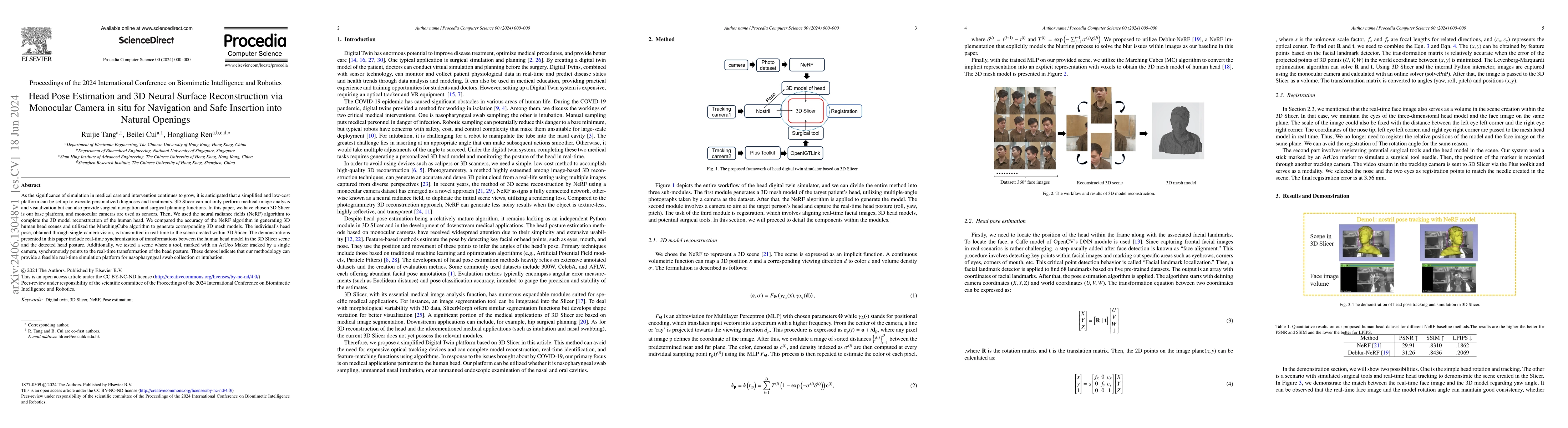 Thumbnail for Head Pose Estimation and 3D Neural Surface Reconstruction via Monocular
  Camera in situ for Navigation and Safe Insertion into Natural Openings