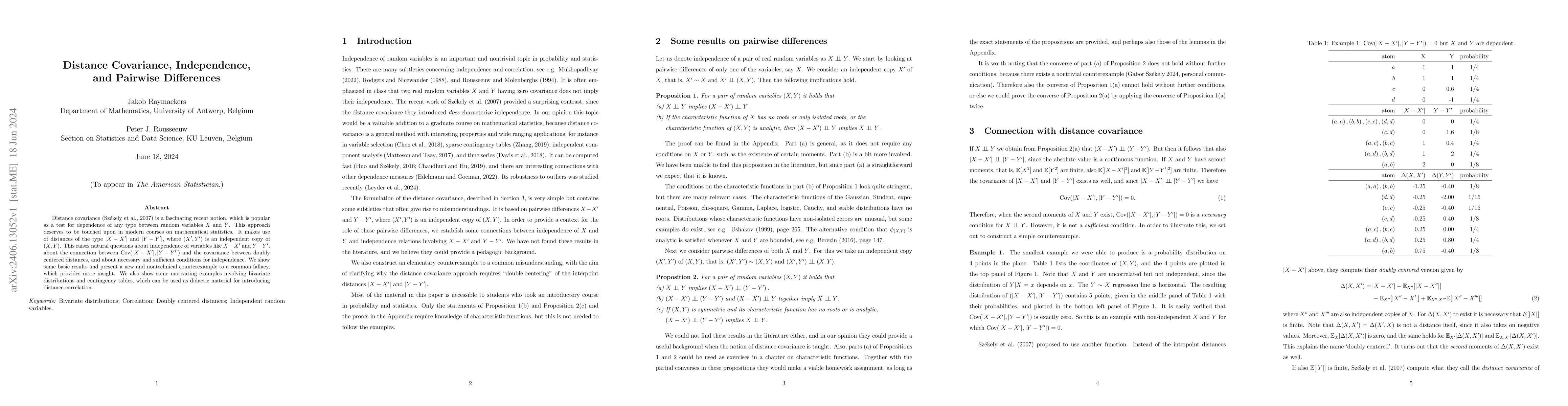 Thumbnail for Distance Covariance, Independence, and Pairwise Differences