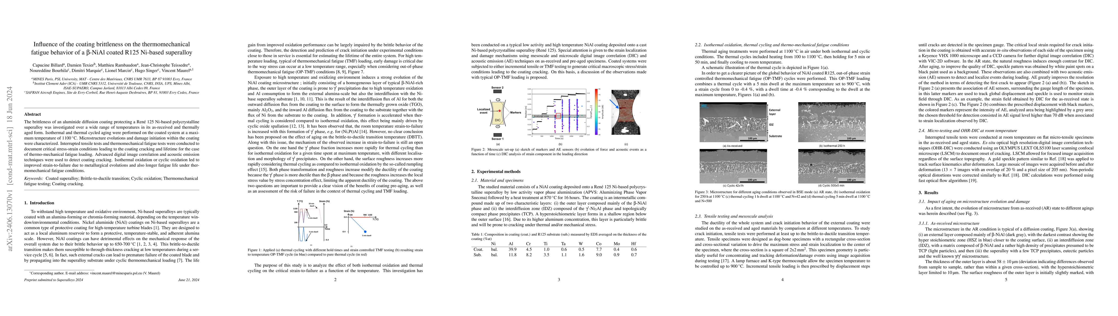Thumbnail for Influence of the coating brittleness on the thermomechanical fatigue
  behavior of a $\beta$-NiAl coated R125 Ni-based superalloy