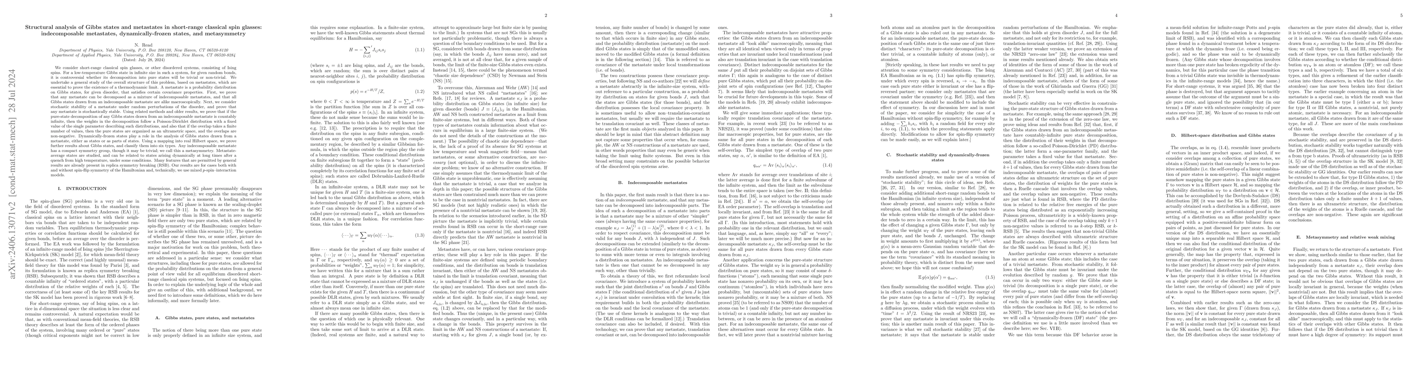 Thumbnail for Structural analysis of Gibbs states and metastates in short-range
  classical spin glasses: indecomposable metastates, dynamically-frozen states,
  and metasymmetry