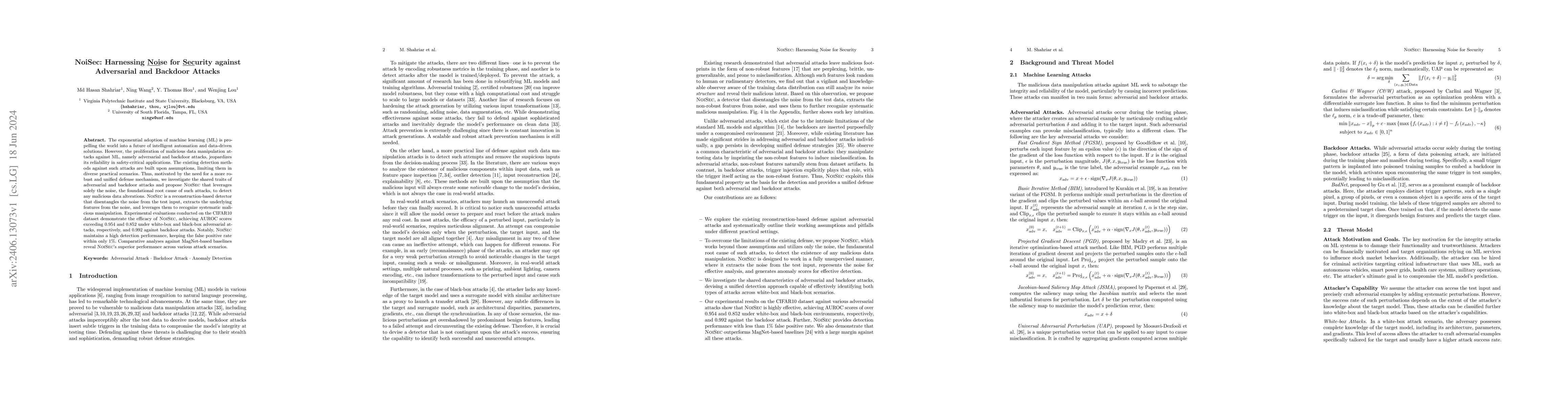 Thumbnail for NoiSec: Harnessing Noise for Security against Adversarial and Backdoor
  Attacks