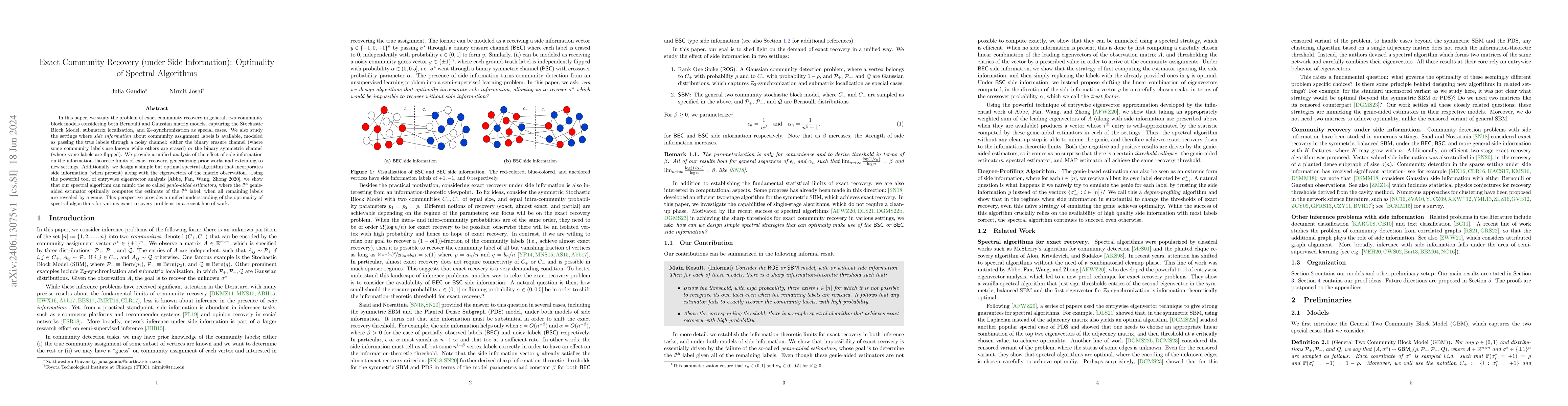 Thumbnail for Exact Community Recovery (under Side Information): Optimality of
  Spectral Algorithms
