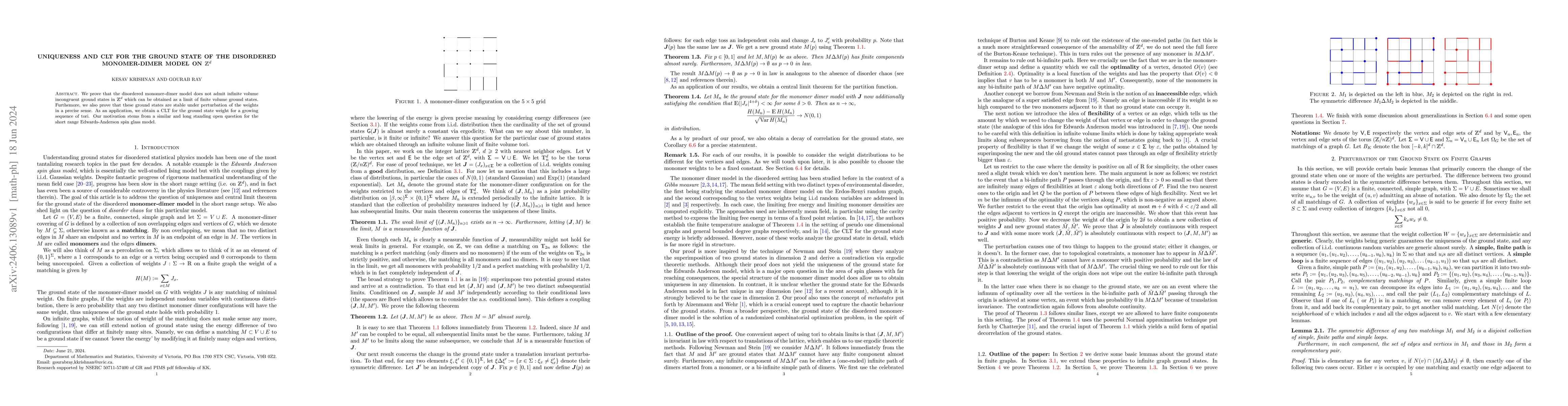 Thumbnail for Uniqueness and CLT for the Ground State of the Disordered Monomer-Dimer
  Model on $\mathbb{Z}^{d}$