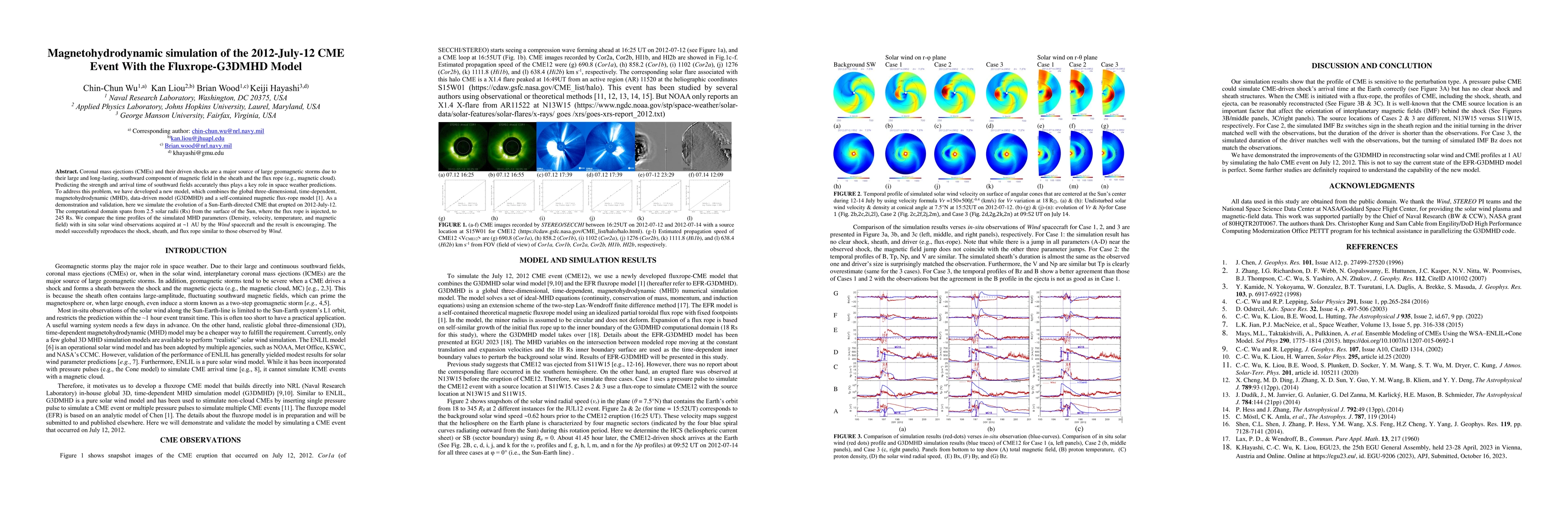 Thumbnail for Magnetohydrodynamic simulation of the 2012-July-12 CME Event With the
  Fluxrope-G3DMHD Model