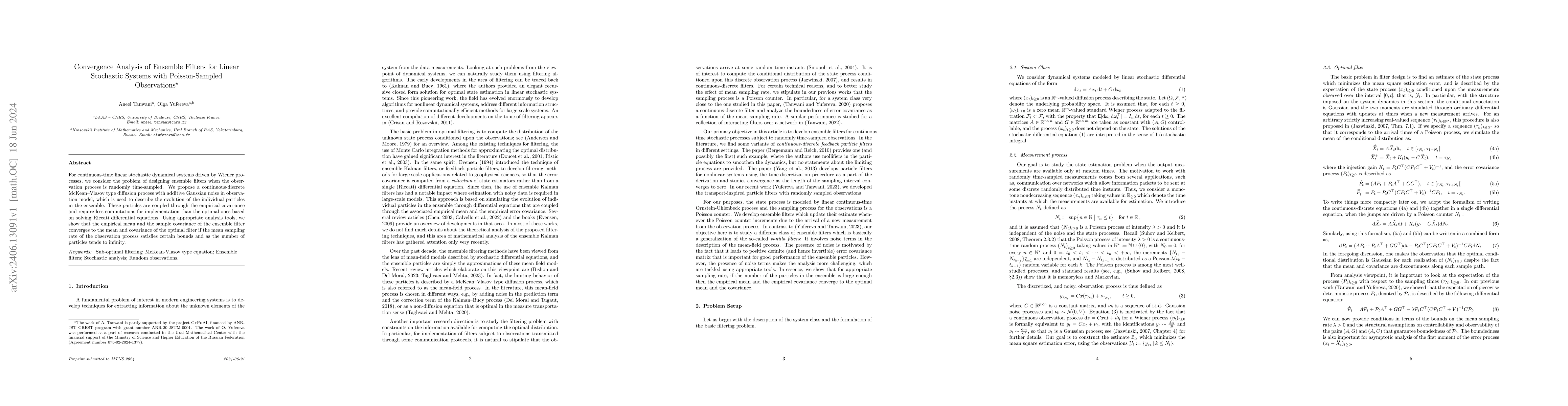 Thumbnail for Convergence Analysis of Ensemble Filters for Linear Stochastic Systems
  with Poisson-Sampled Observations