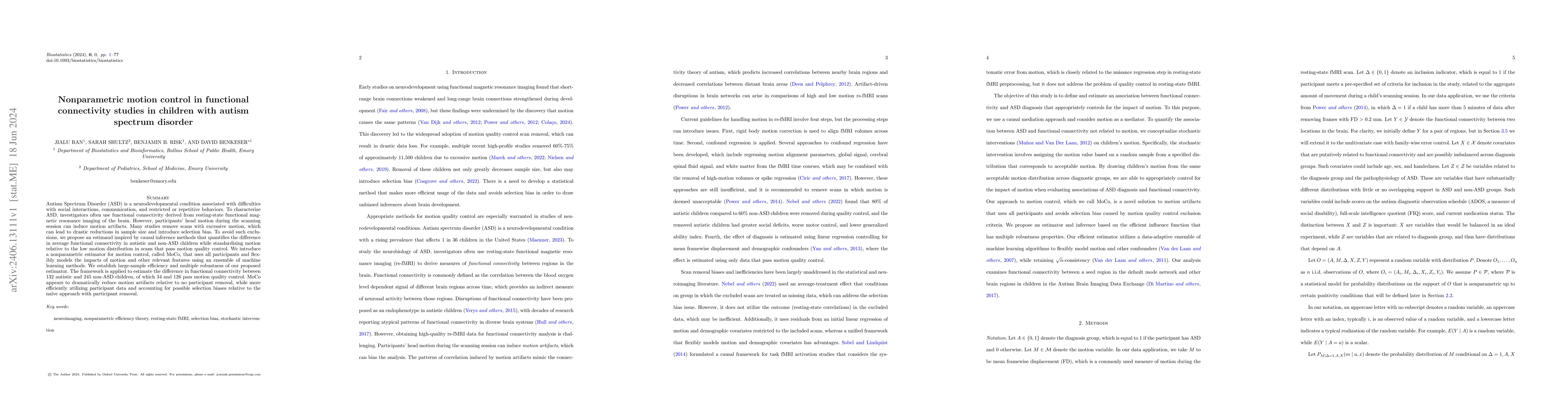 Thumbnail for Nonparametric Motion Control in Functional Connectivity Studies in
  Children with Autism Spectrum Disorder