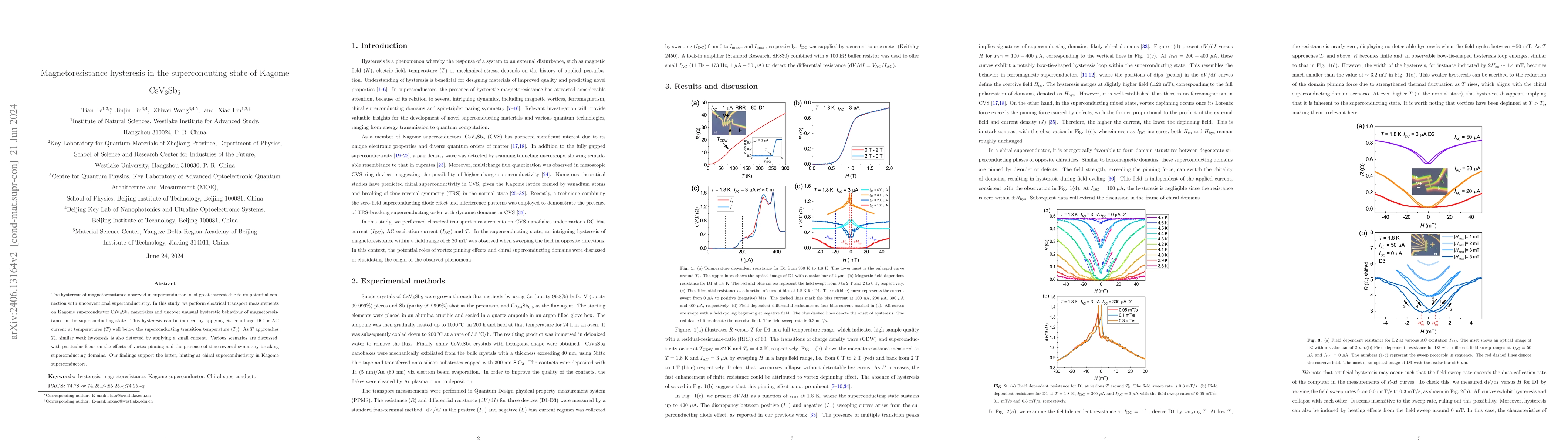Thumbnail for Magnetoresistance hysteresis in the superconduting state of Kagome
  CsV$_3$Sb$_5$