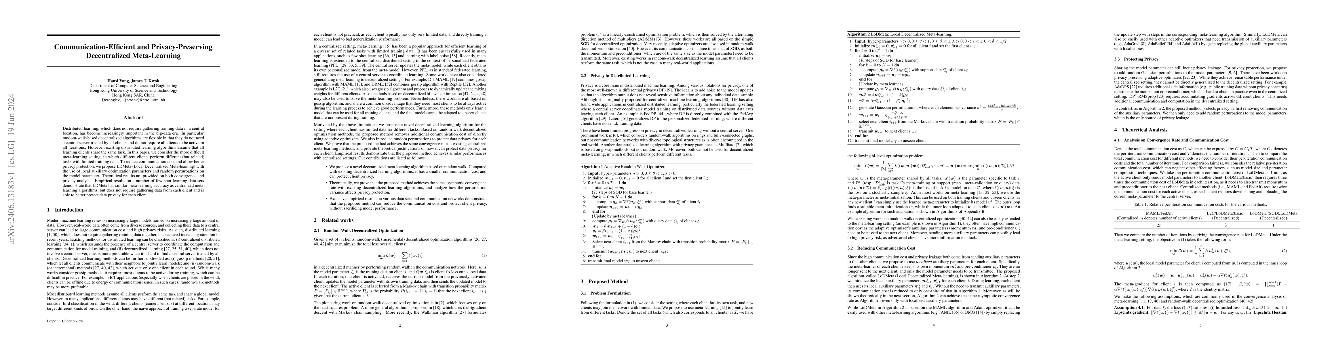 Thumbnail for Communication-Efficient and Privacy-Preserving Decentralized
  Meta-Learning