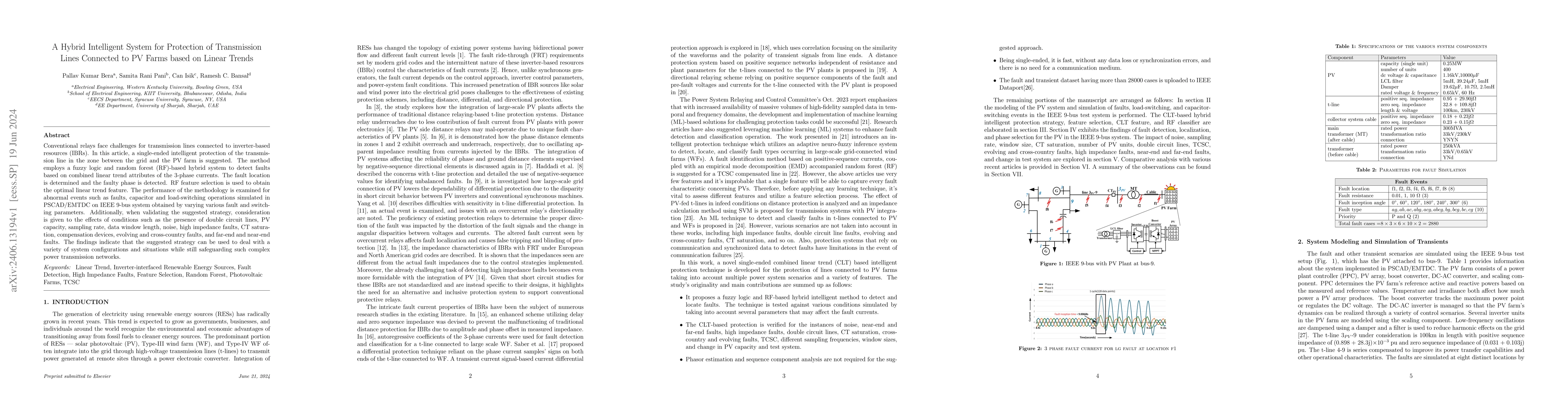 Thumbnail for A Hybrid Intelligent System for Protection of Transmission Lines
  Connected to PV Farms based on Linear Trends