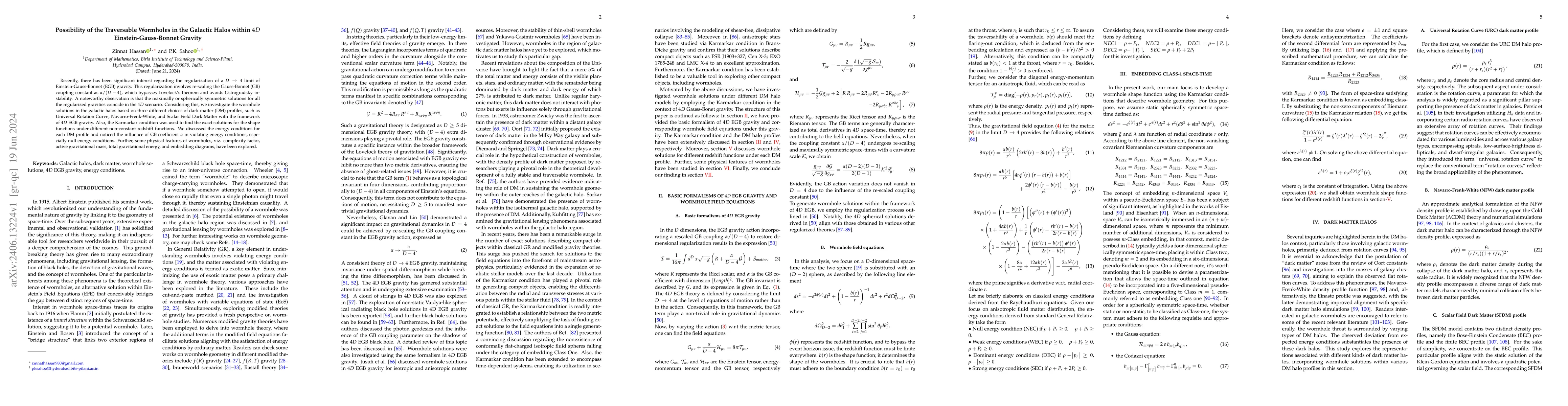 Thumbnail for Possibility of the Traversable Wormholes in the Galactic Halos within
  $4D$ Einstein-Gauss-Bonnet Gravity