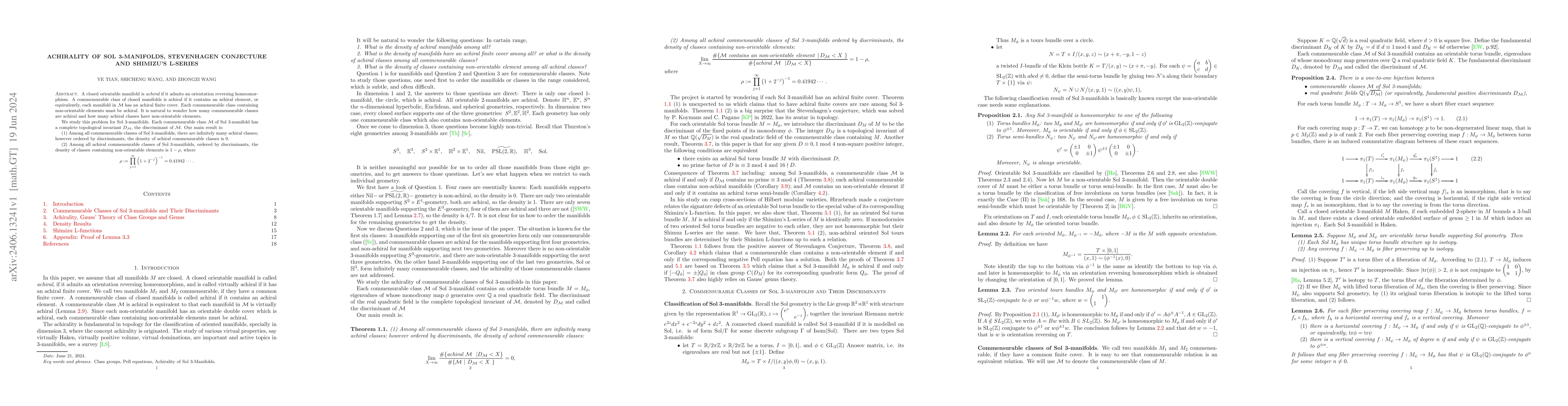 Thumbnail for Achirality of Sol 3-Manifolds, Stevenhagen Conjecture and Shimizu's
  L-series