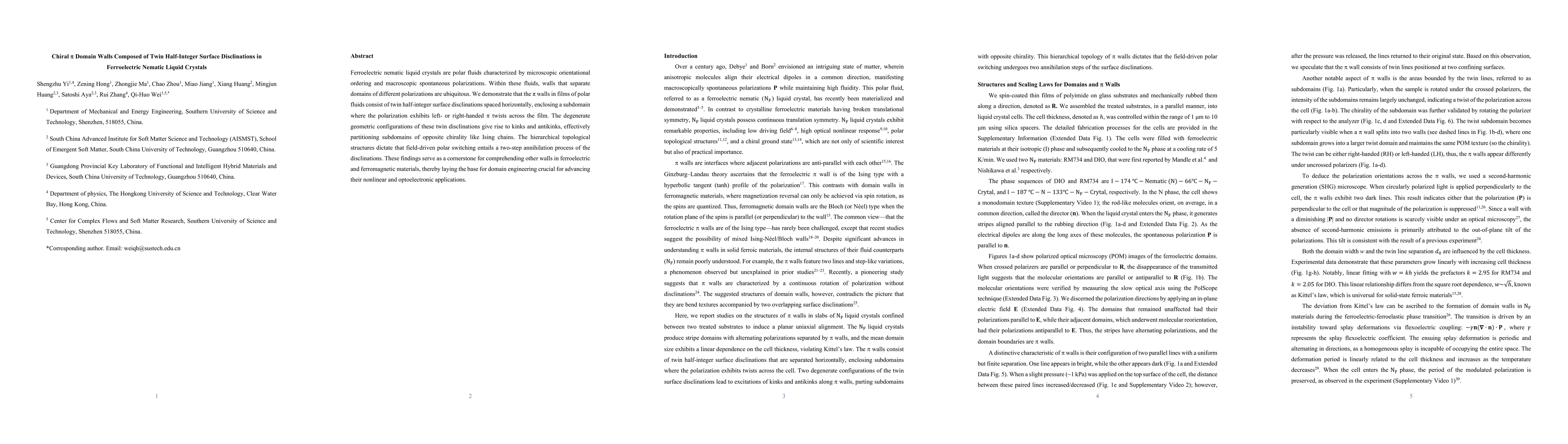 Thumbnail for Chiral {\pi} Domain Walls Composed of Twin Half-Integer Surface
  Disclinations in Ferroelectric Nematic Liquid Crystals
