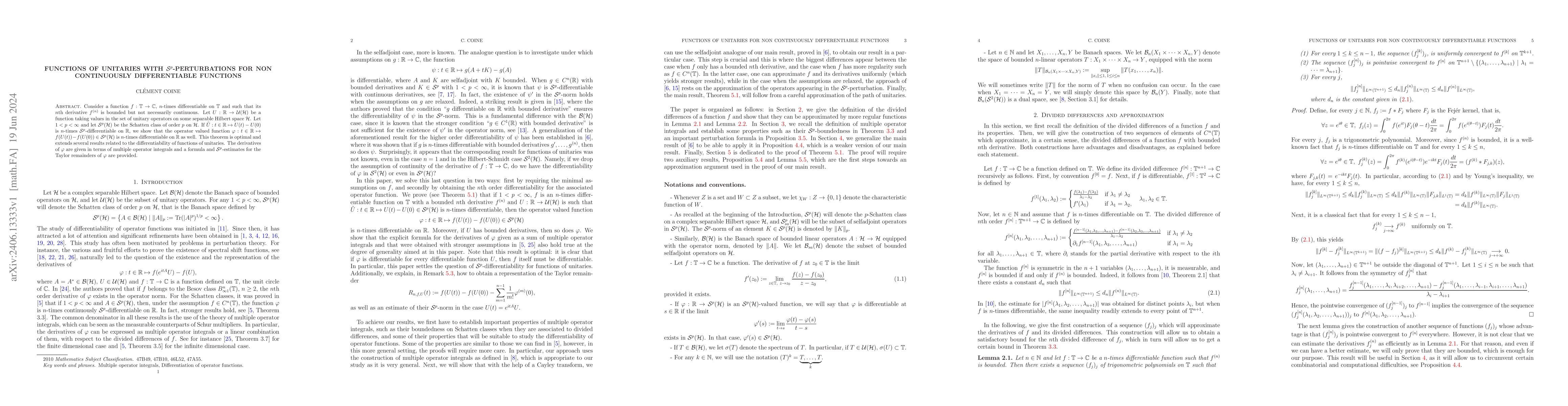 Thumbnail for Functions of unitaries with $\mathcal{S}^p$-perturbations for non
  continuously differentiable functions