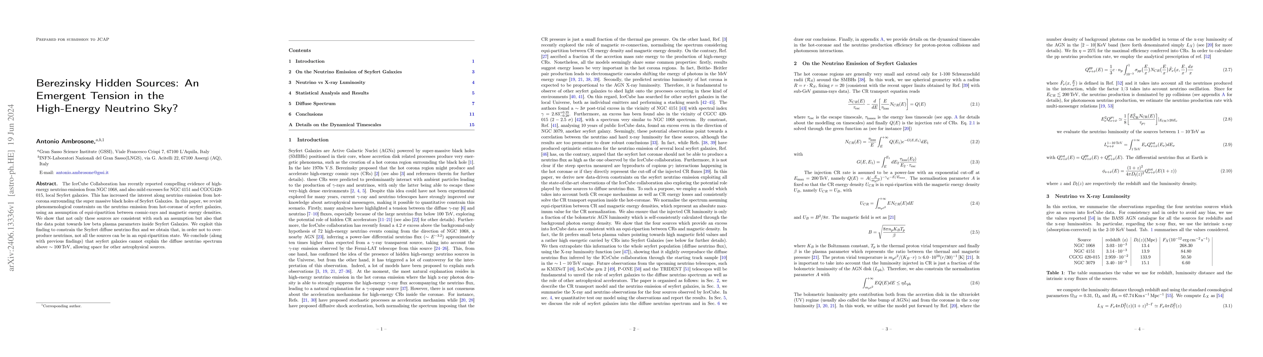 Thumbnail for Berezinsky Hidden Sources: An Emergent Tension in the High-Energy
  Neutrino Sky?