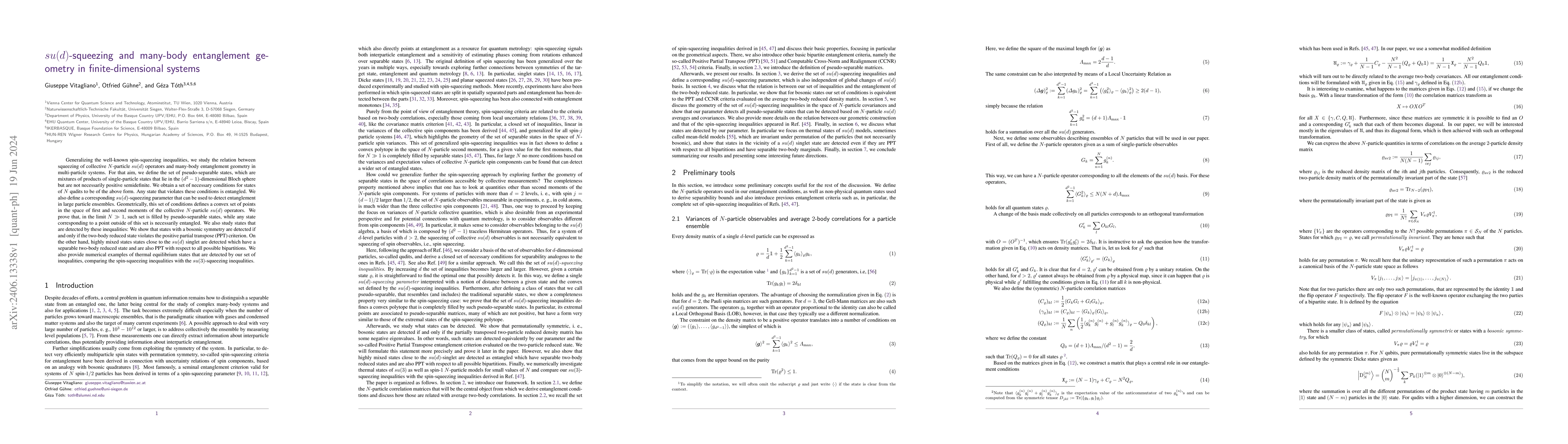 Thumbnail for $su(d)$-squeezing and many-body entanglement geometry in
  finite-dimensional systems