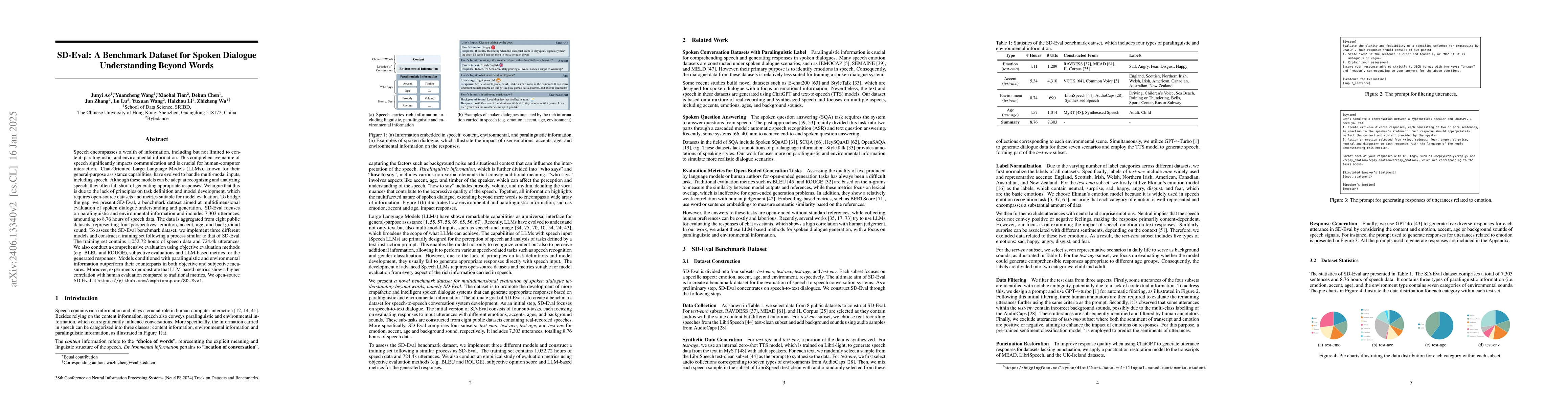 Thumbnail for SD-Eval: A Benchmark Dataset for Spoken Dialogue Understanding Beyond
  Words
