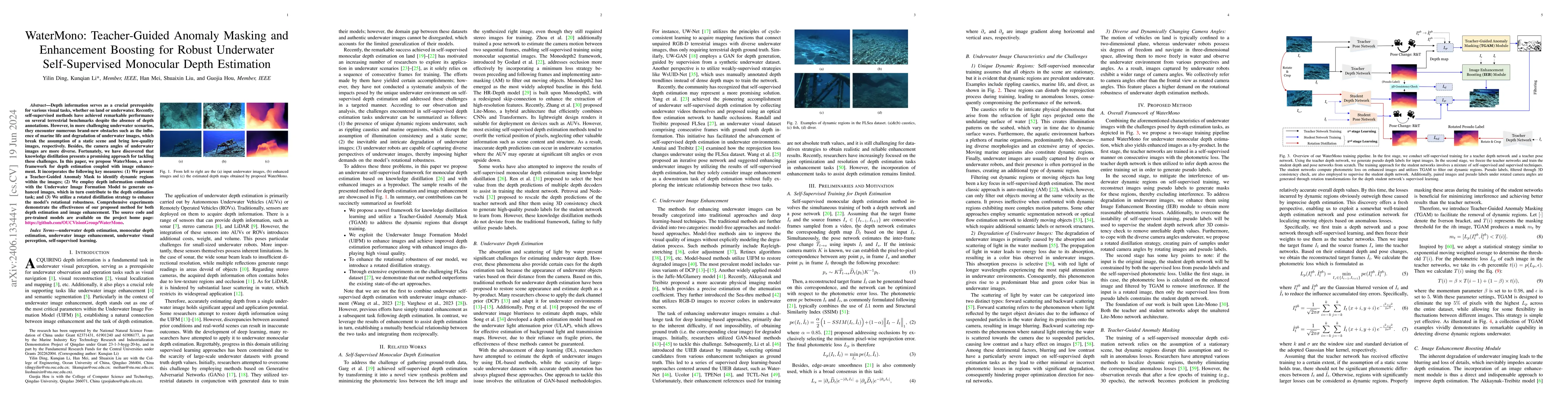 Thumbnail for WaterMono: Teacher-Guided Anomaly Masking and Enhancement Boosting for
  Robust Underwater Self-Supervised Monocular Depth Estimation