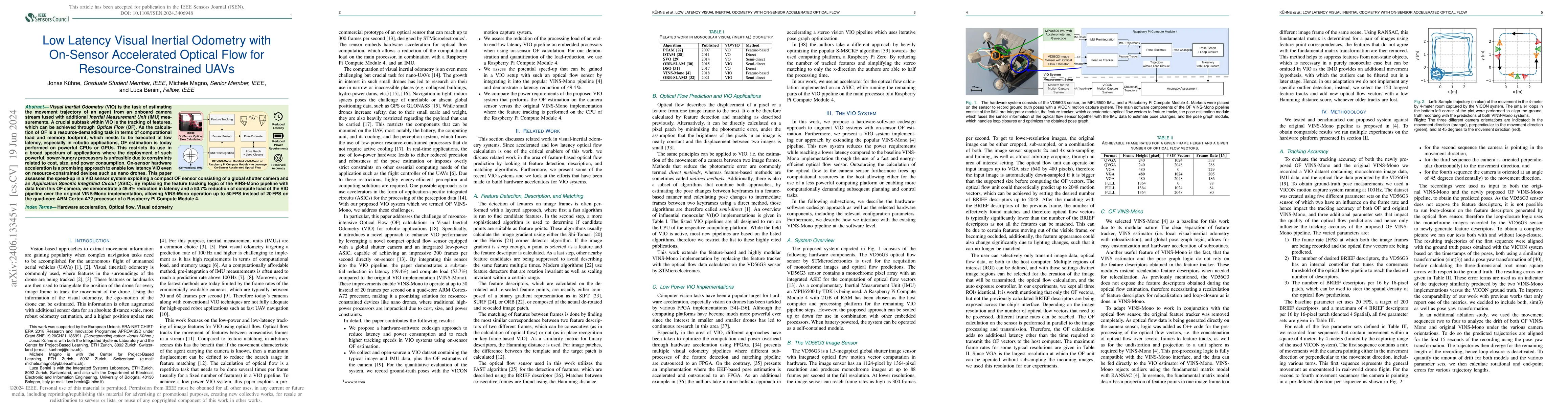 Thumbnail for Low Latency Visual Inertial Odometry with On-Sensor Accelerated Optical
  Flow for Resource-Constrained UAVs
