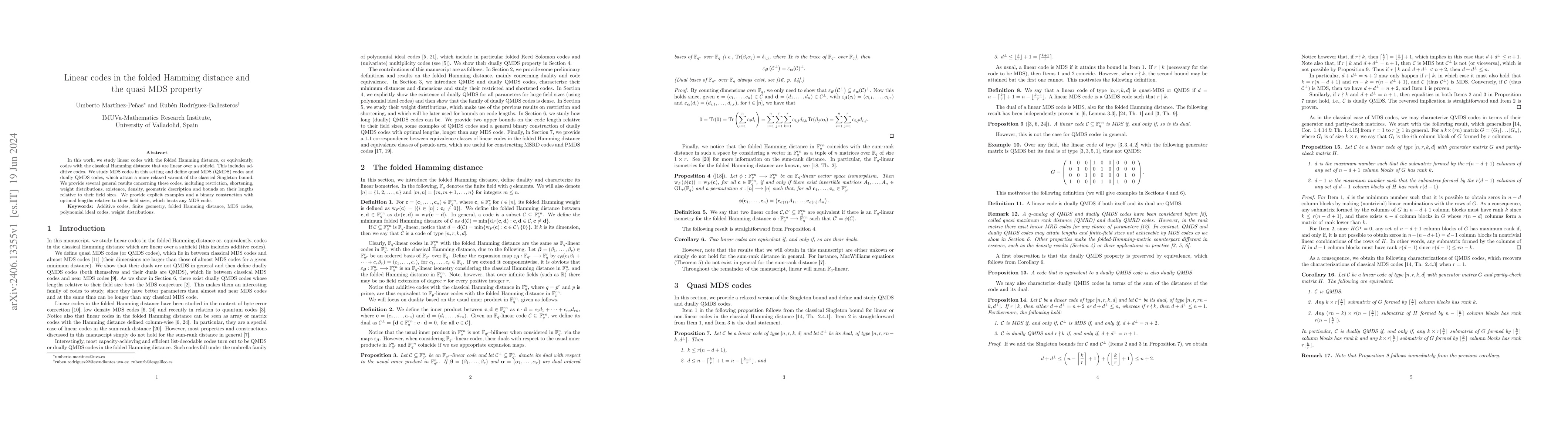 Thumbnail for Linear codes in the folded Hamming distance and the quasi MDS property