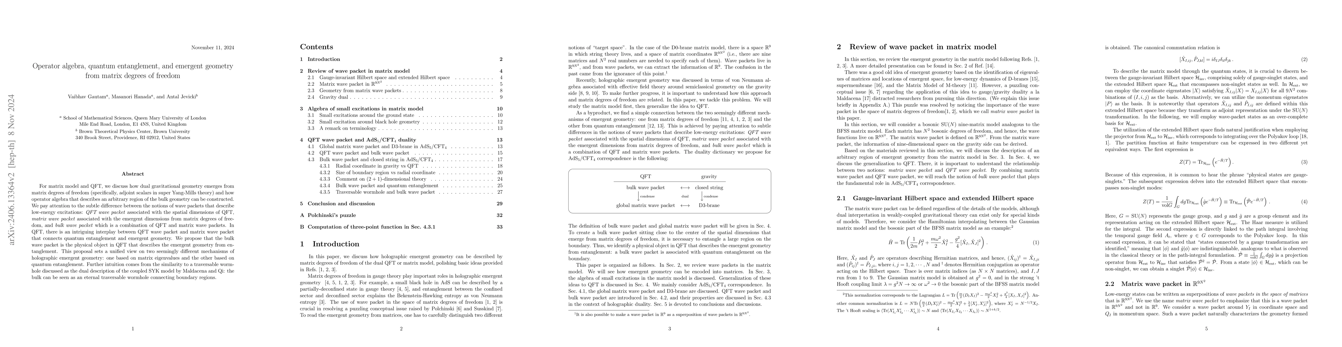 Thumbnail for Operator algebra, quantum entanglement, and emergent geometry from
  matrix degrees of freedom