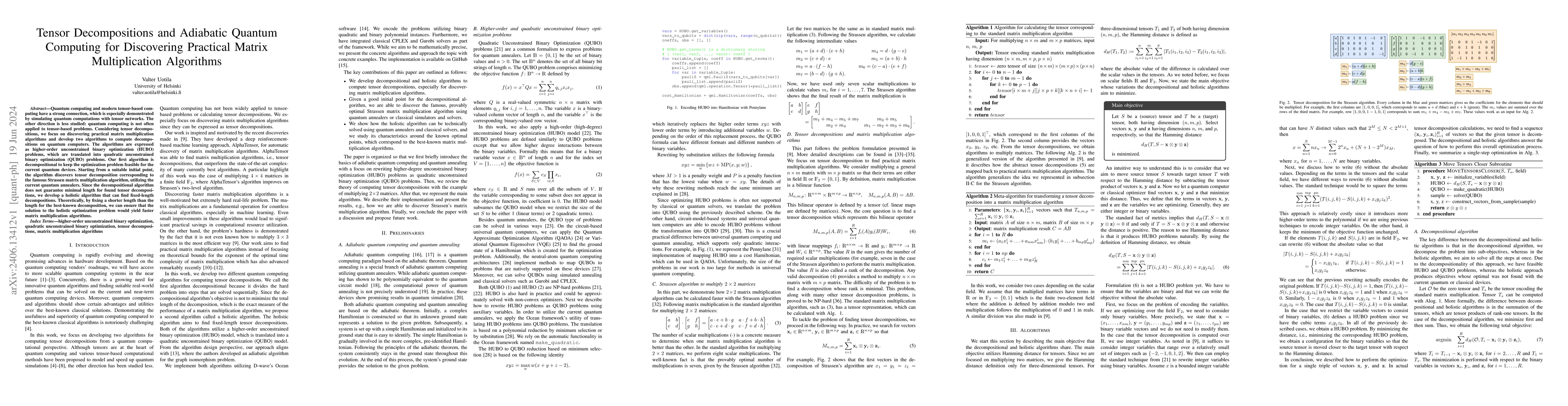 Thumbnail for Tensor Decompositions and Adiabatic Quantum Computing for Discovering
  Practical Matrix Multiplication Algorithms
