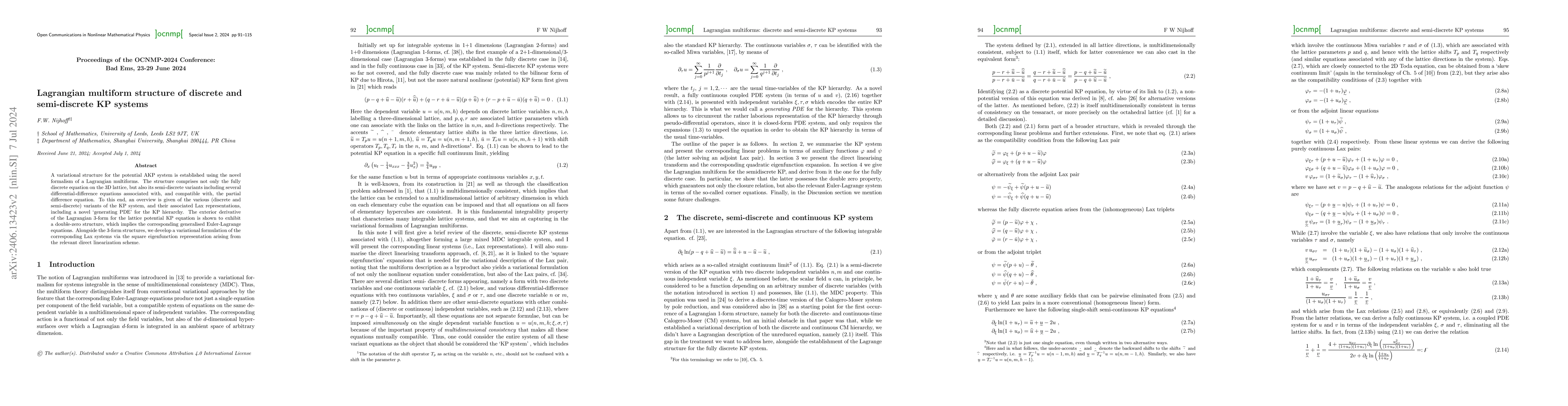 Thumbnail for Lagrangian multiform structure of discrete and semi-discrete KP systems