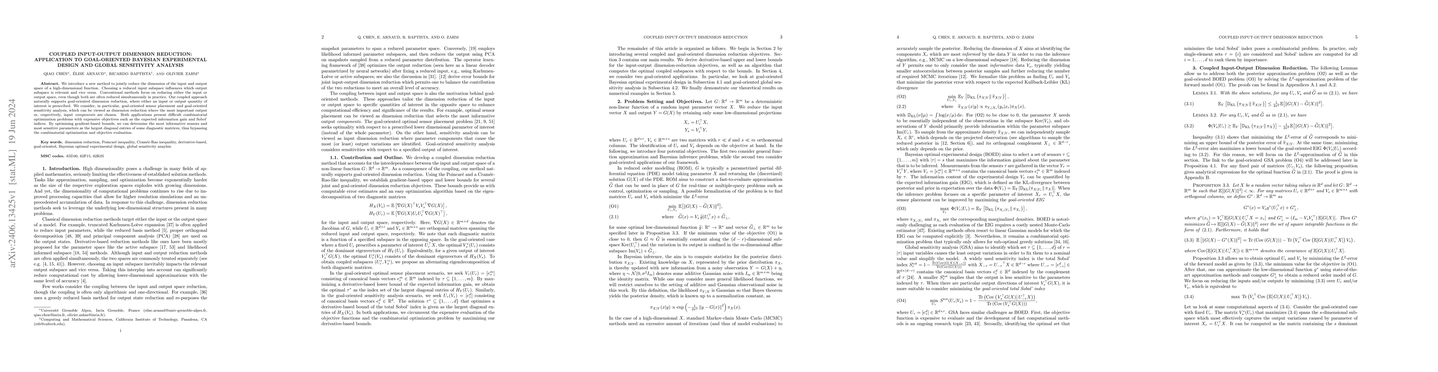 Thumbnail for Coupled Input-Output Dimension Reduction: Application to Goal-oriented
  Bayesian Experimental Design and Global Sensitivity Analysis