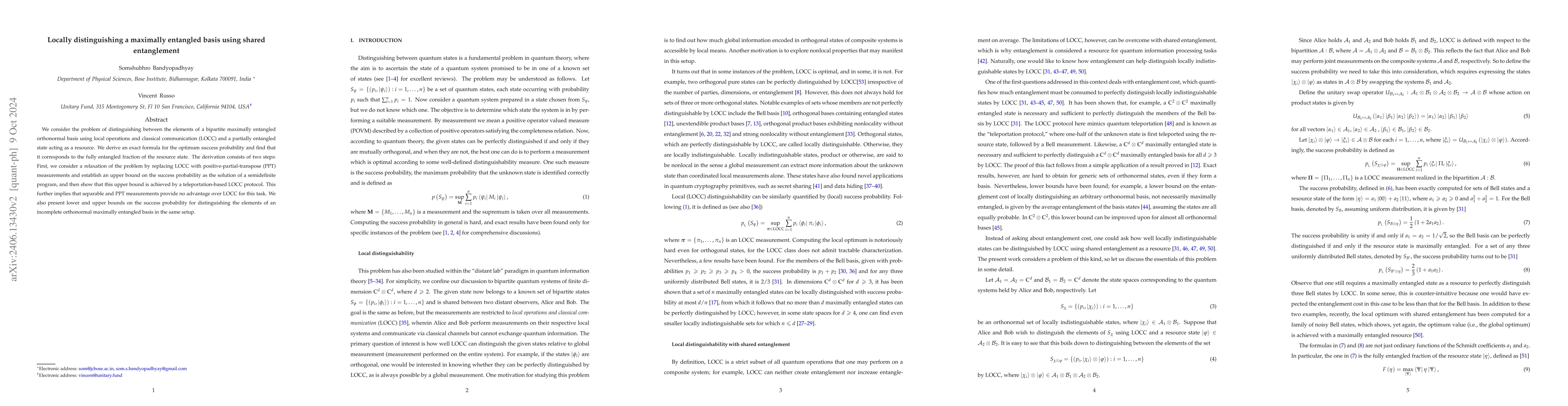 Thumbnail for Distinguishing a maximally entangled basis using LOCC and shared
  entanglement