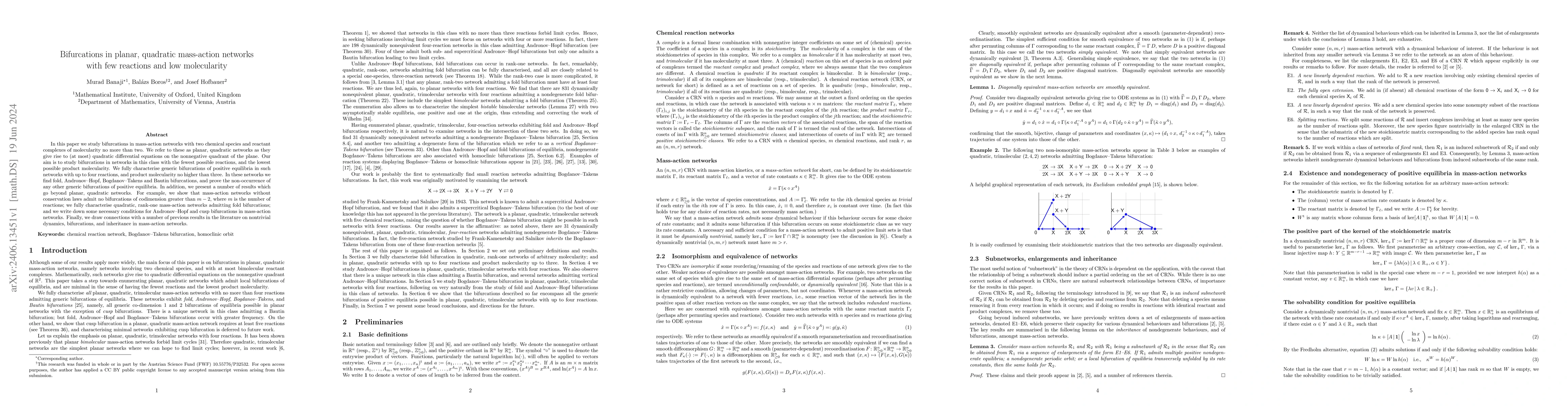 Thumbnail for Bifurcations in planar, quadratic mass-action networks with few
  reactions and low molecularity
