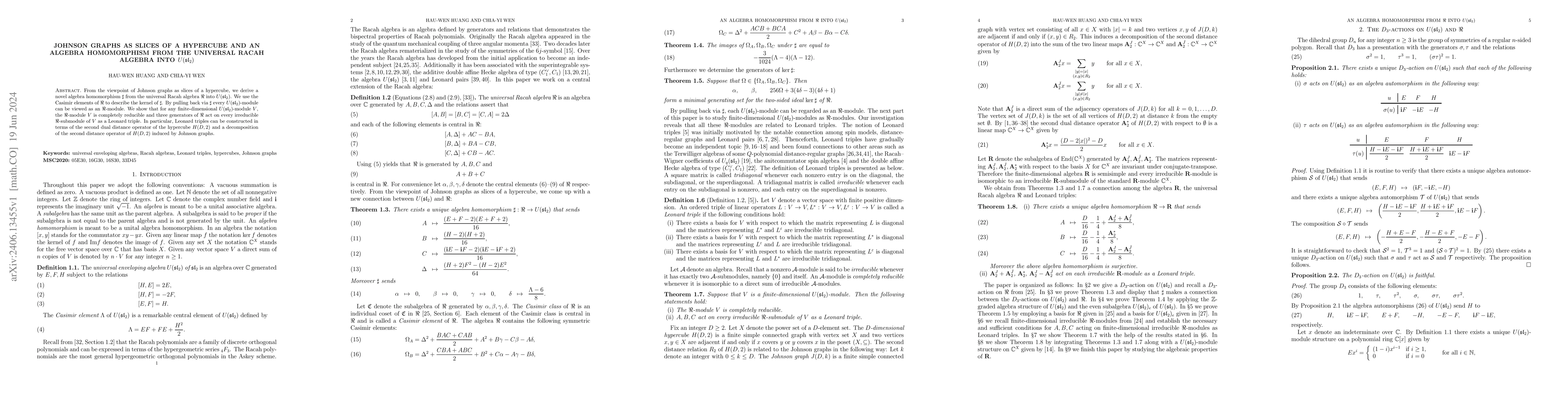 Thumbnail for Johnson graphs as slices of a hypercube and an algebra homomorphism from
  the universal Racah algebra into $U(\mathfrak{sl}_2)$