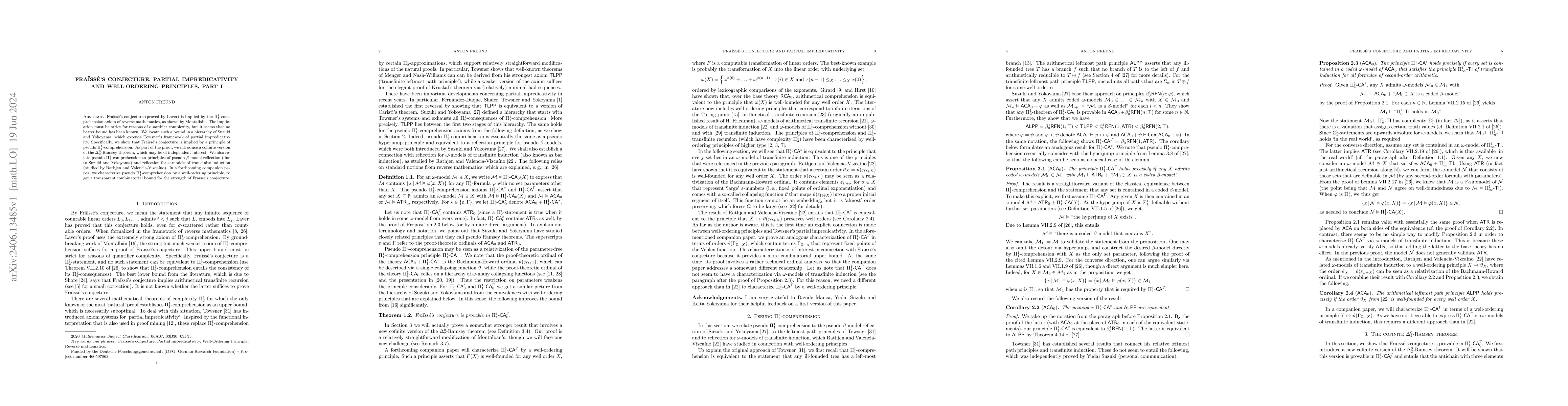 Thumbnail for Fra\"iss\'e's conjecture, partial impredicativity and well-ordering
  principles, part I