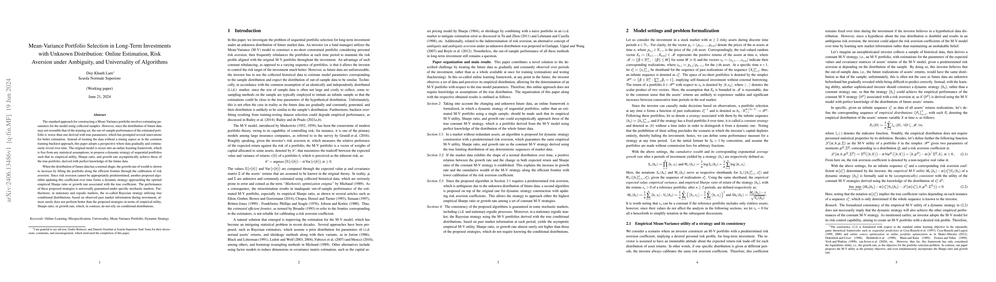 Thumbnail for Mean-Variance Portfolio Selection in Long-Term Investments with Unknown
  Distribution: Online Estimation, Risk Aversion under Ambiguity, and
  Universality of Algorithms