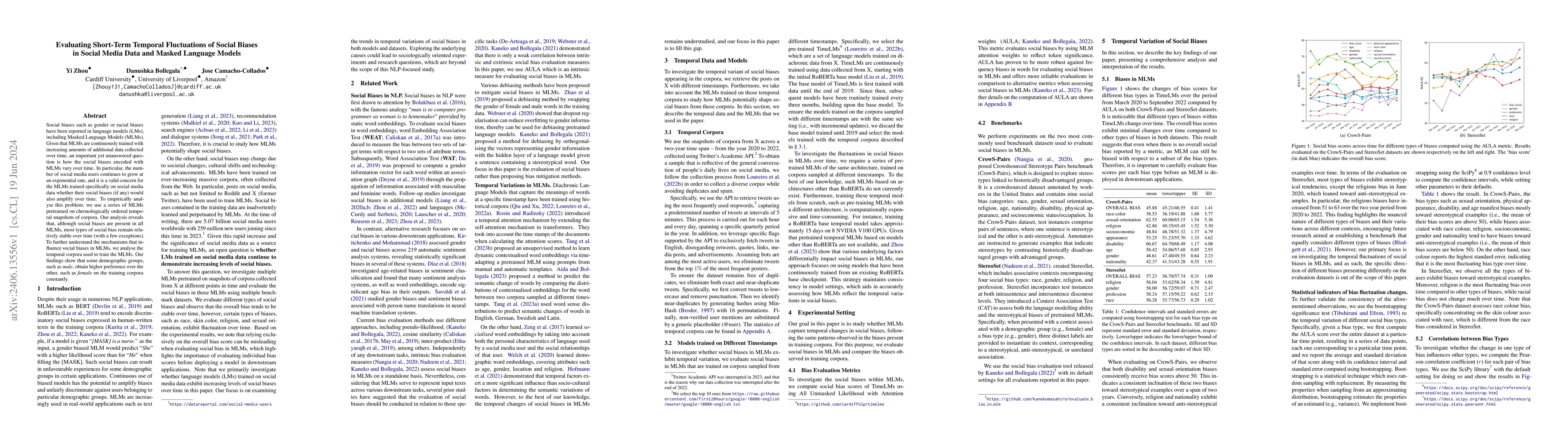 Thumbnail for Evaluating Short-Term Temporal Fluctuations of Social Biases in Social
  Media Data and Masked Language Models