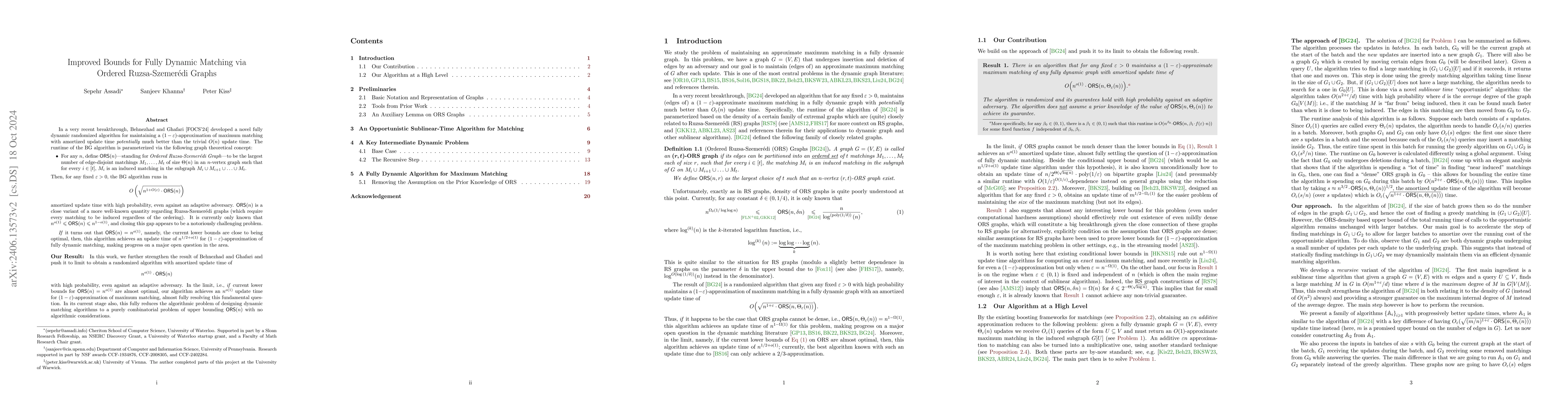 Thumbnail for Improved Bounds for Fully Dynamic Matching via Ordered Ruzsa-Szemer\'edi
  Graphs