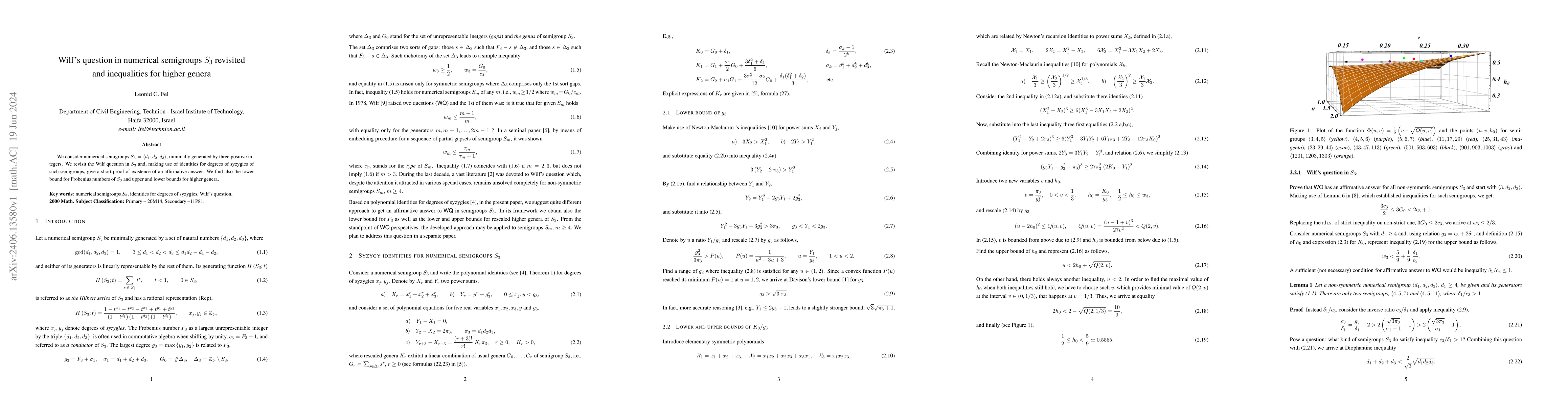 Thumbnail for Wilf's question in numerical semigroups $S_3$ revisited and inequalities
  for higher genera