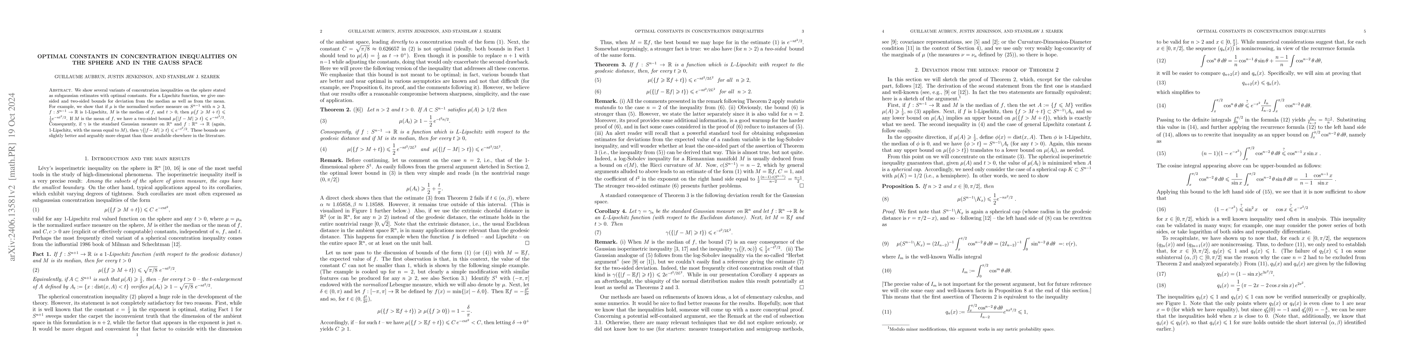 Thumbnail for Optimal constants in concentration inequalities on the sphere and in the
  Gauss space