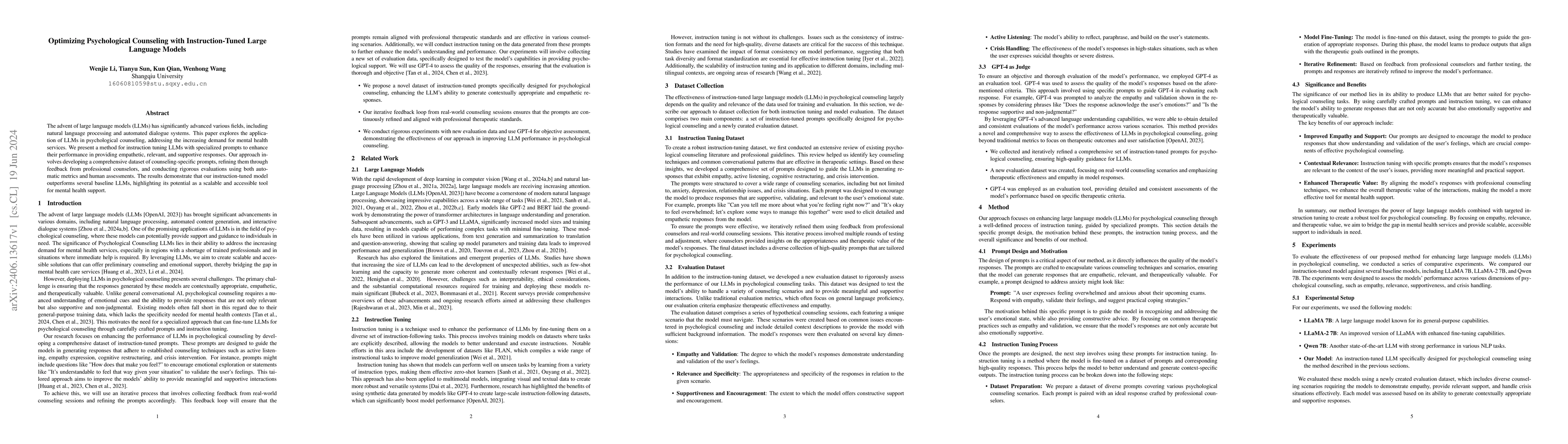 Thumbnail for Optimizing Psychological Counseling with Instruction-Tuned Large
  Language Models