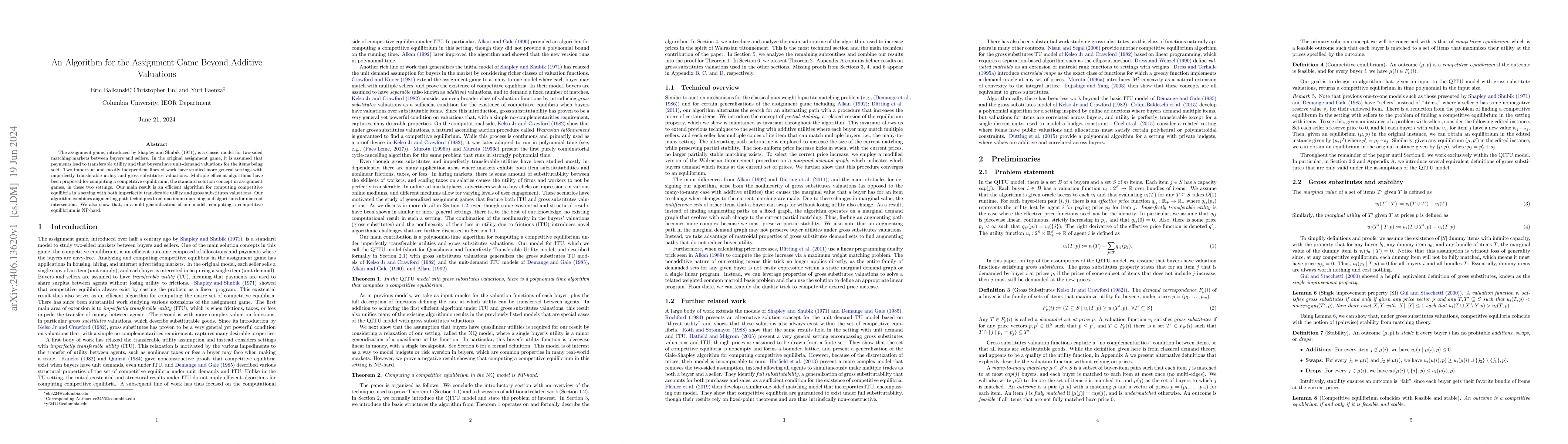 Thumbnail for An Algorithm for the Assignment Game Beyond Additive Valuations