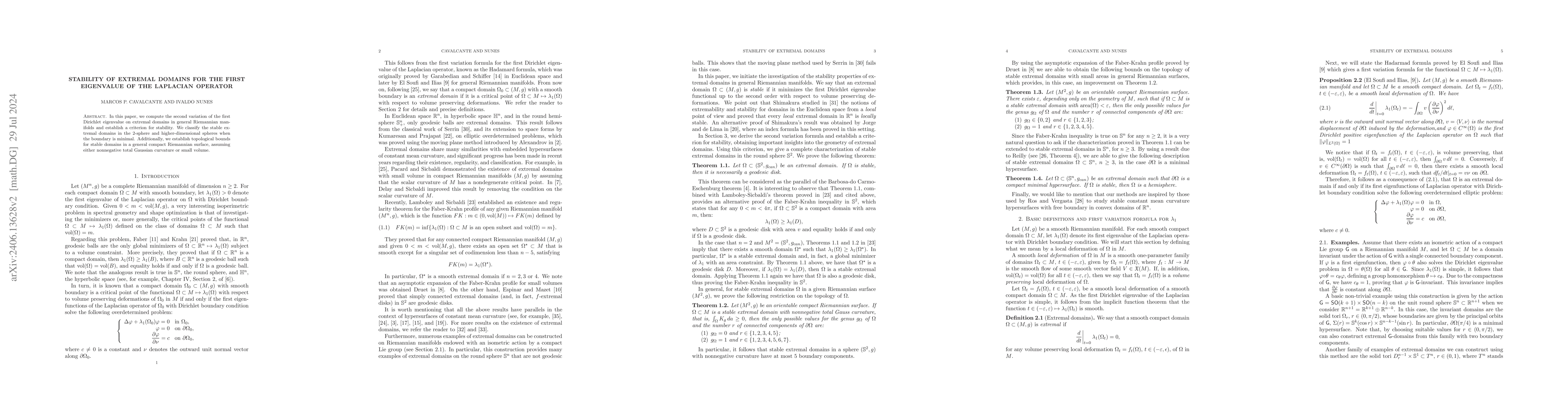 Thumbnail for Stability of extremal domains for the first eigenvalue of the Laplacian
  operator