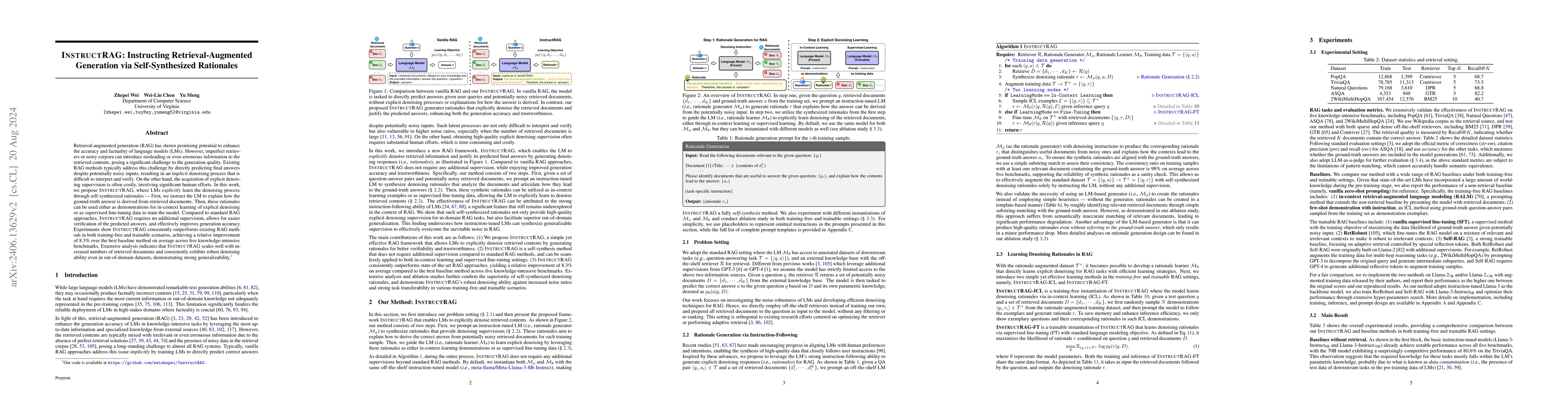 Thumbnail for InstructRAG: Instructing Retrieval-Augmented Generation with Explicit
  Denoising