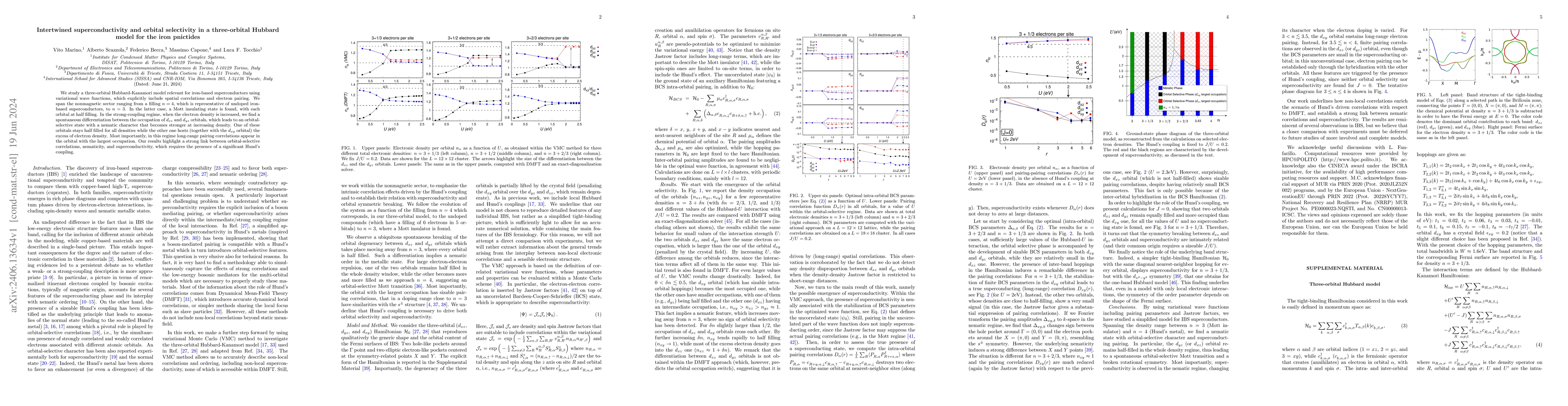 Thumbnail for Intertwined superconductivity and orbital selectivity in a three-orbital
  Hubbard model for the iron pnictides