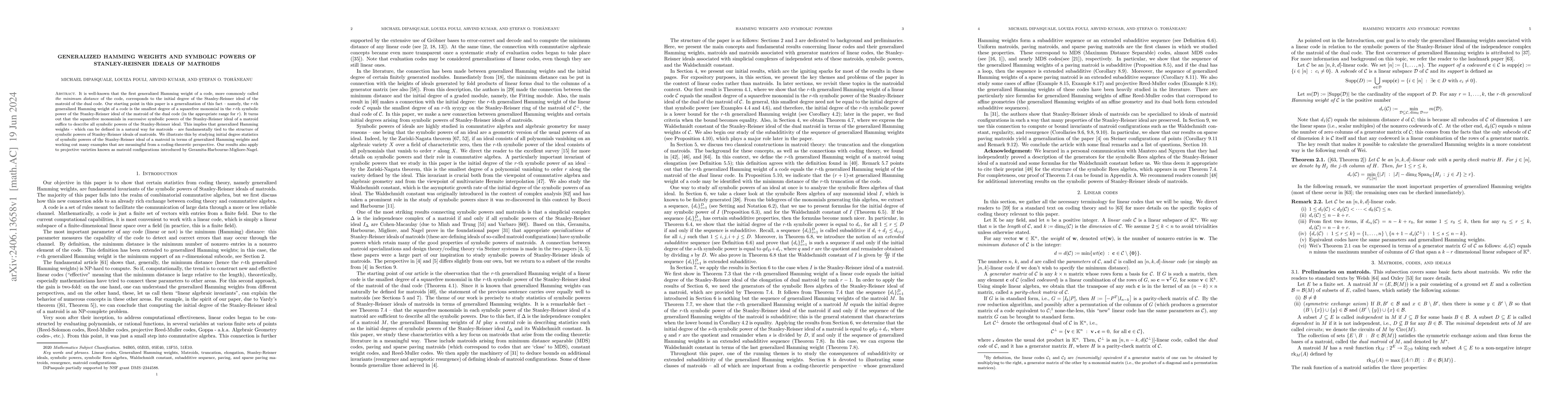 Thumbnail for Generalized Hamming weights and symbolic powers of Stanley-Reisner
  ideals of matroids