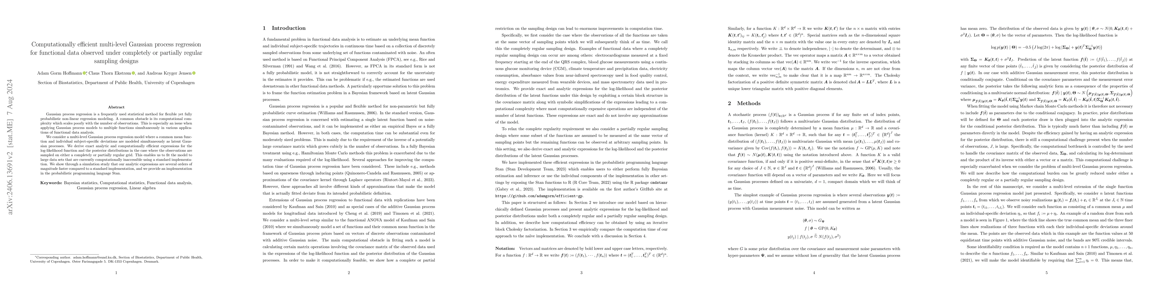 Thumbnail for Computationally efficient multi-level Gaussian process regression for
  functional data observed under completely or partially regular sampling
  designs