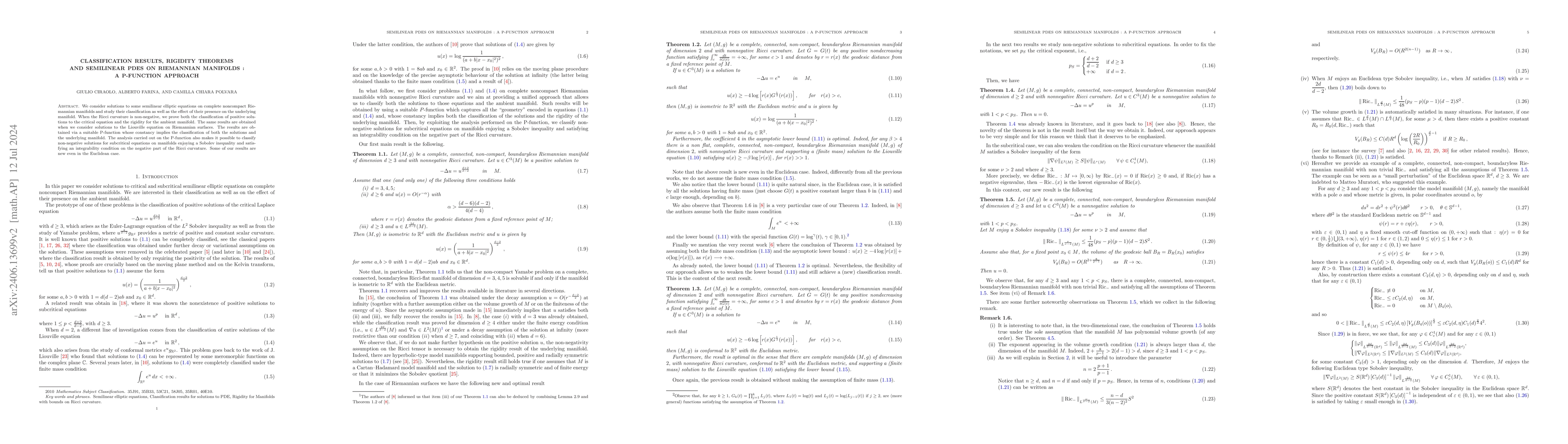 Thumbnail for Classification results, rigidity theorems and semilinear PDEs on
  Riemannian manifolds: a P-function approach
