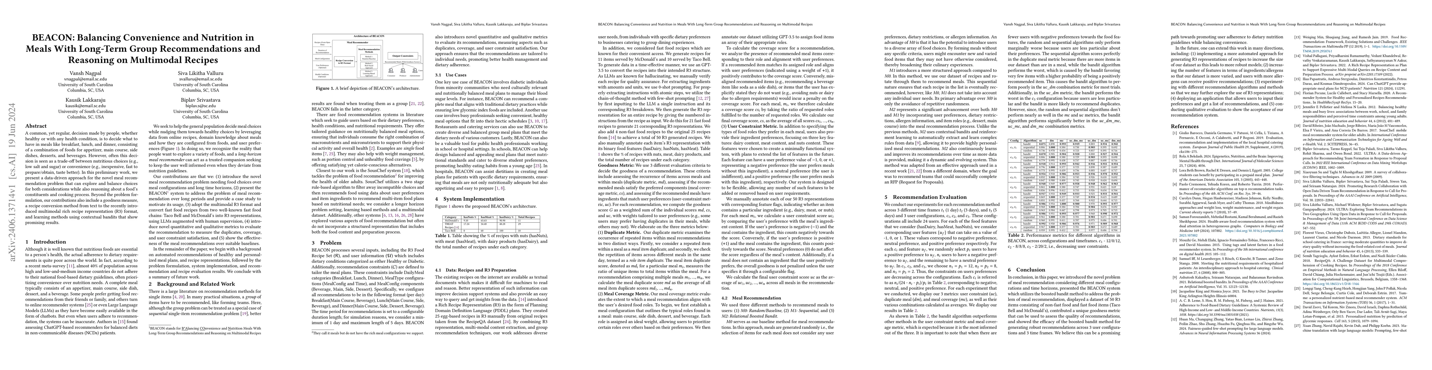 Thumbnail for BEACON: Balancing Convenience and Nutrition in Meals With Long-Term
  Group Recommendations and Reasoning on Multimodal Recipes